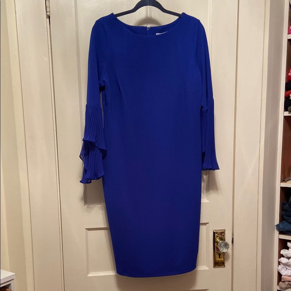 Shelby & Palmer Blue Sheath Dress with Bell Sleeves
